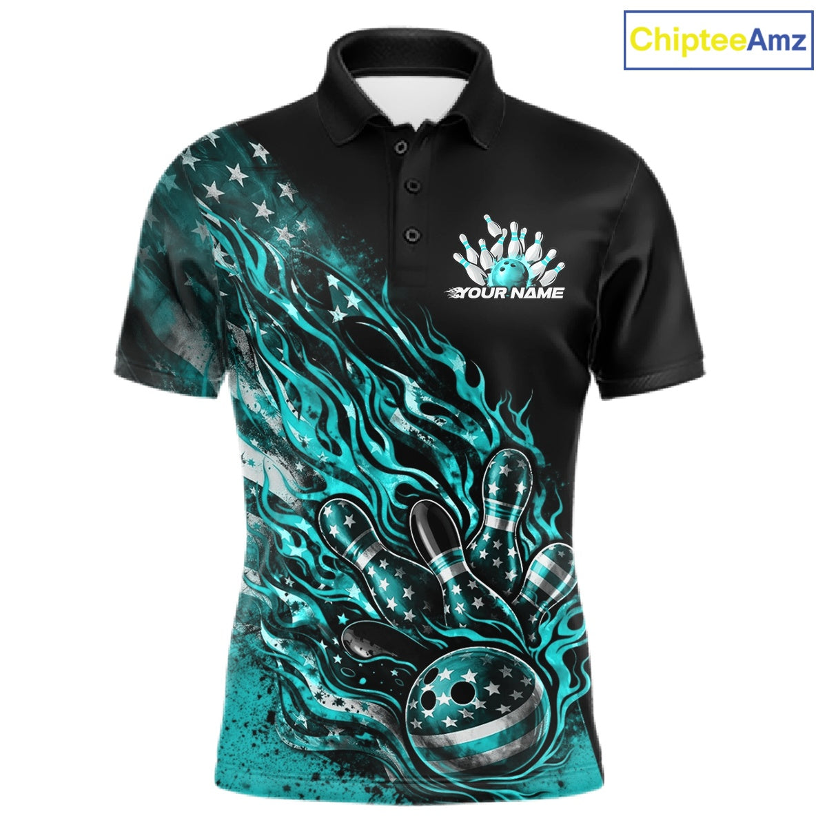 Custom Patriotic Turquoise Blue Flame Bowling Shirts, US Flag Bowling Team Jerseys Freedom Bowling Shirt IPHW10436