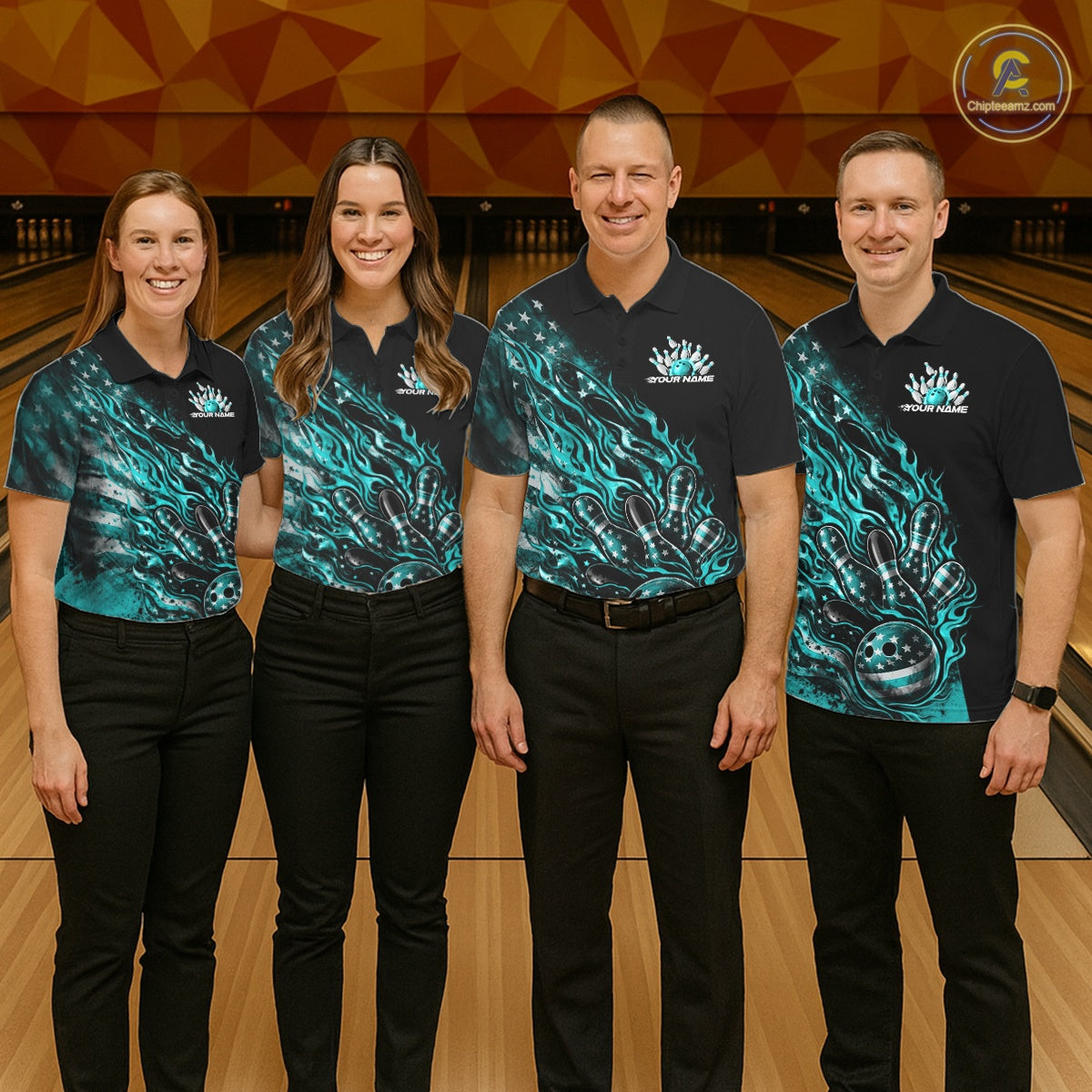 Custom Patriotic Turquoise Blue Flame Bowling Shirts, US Flag Bowling Team Jerseys Freedom Bowling Shirt IPHW10436