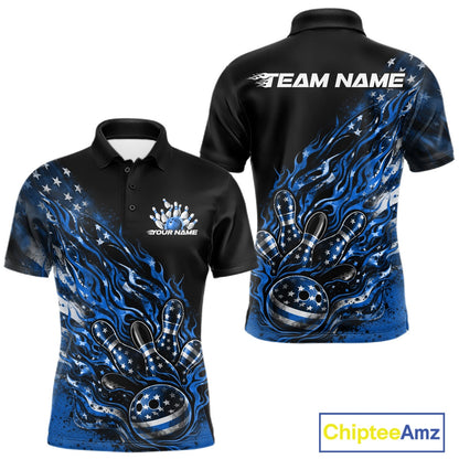 Custom Patriotic Blue Flame Bowling Shirts, US Flag Bowling Team Jerseys Freedom 4Th Of July Bowling Shirt IPHW10437