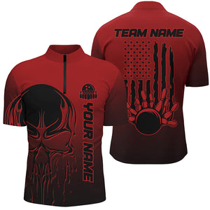 Black And Red Skull Custom Unisex Bowling Team Shirts, American Flag Patriotic Bowling Outfits IPHW6055