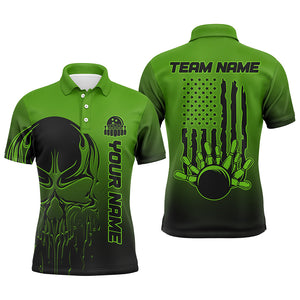 Black And Green Skull Custom Unisex Bowling Team Shirts, American Flag Patriotic Bowling Outfits IPHW6056