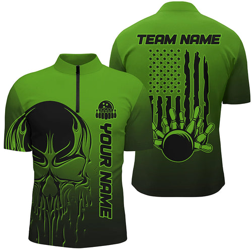 Black And Green Skull Custom Unisex Bowling Team Shirts, American Flag Patriotic Bowling Outfits IPHW6056