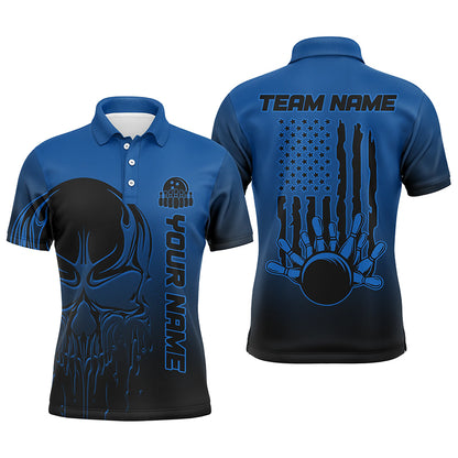 Black And Blue Skull Custom Unisex Bowling Team Shirts, American Flag Patriotic Bowling Outfits IPHW6057