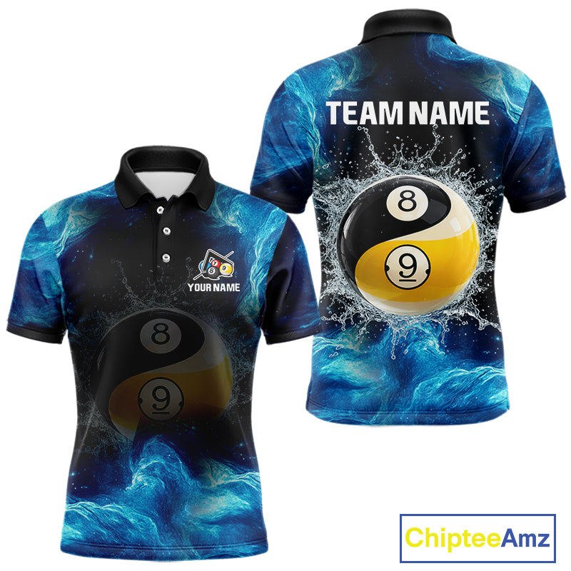 Two polo shirts with billiard ball design and customizable text on a white background