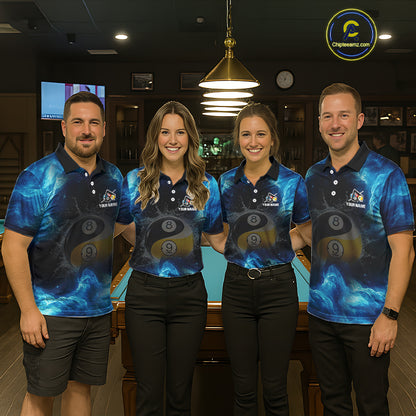 Four people wearing matching blue polo shirts with a pool ball design in a bar setting.