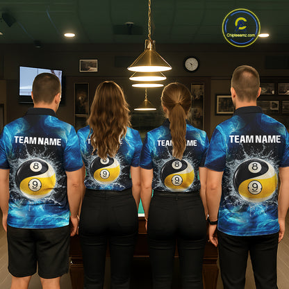 Four people wearing matching sports jerseys with pool ball designs in a room.