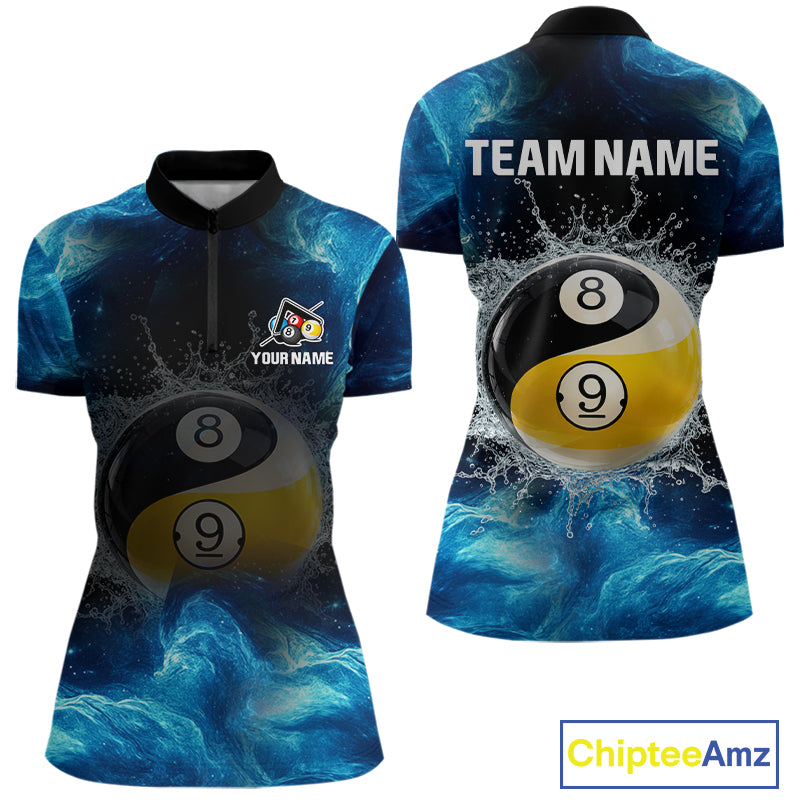 Customizable polo shirt with pool ball design and space for team name and player name, branded 'Chiptee Amz'.