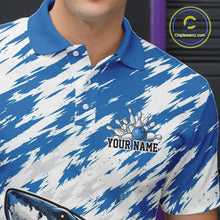 Load image into Gallery viewer, Blue and white patterned polo shirt with bowling design and 'Your Name' text, brand logo visible.