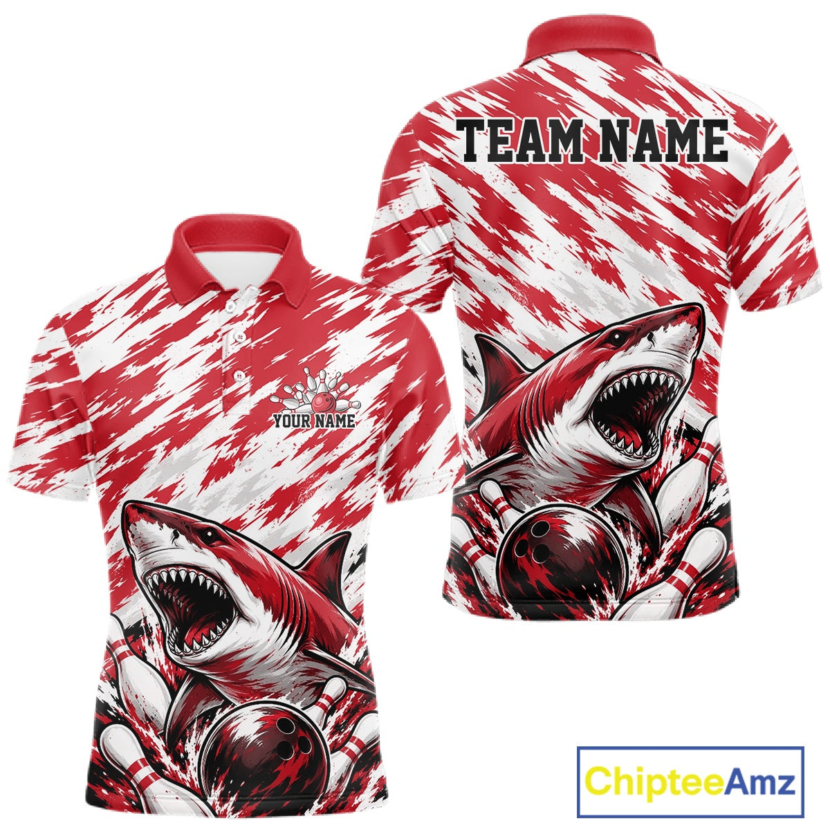 Red and white polo shirt with shark design and customizable text on a white background