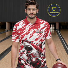 Load image into Gallery viewer, Man wearing a red and white polo shirt with a shark design on a bowling alley.