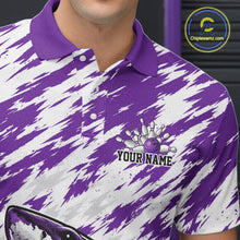 Load image into Gallery viewer, Purple and white patterned polo shirt with a bowling design and 'Your Name' text, worn by a person.