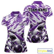 Load image into Gallery viewer, Purple and white polo shirt with shark design and customizable text on a white background