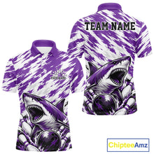 Load image into Gallery viewer, Purple and white shark-themed polo shirt with 'Team Name' text on a white background
