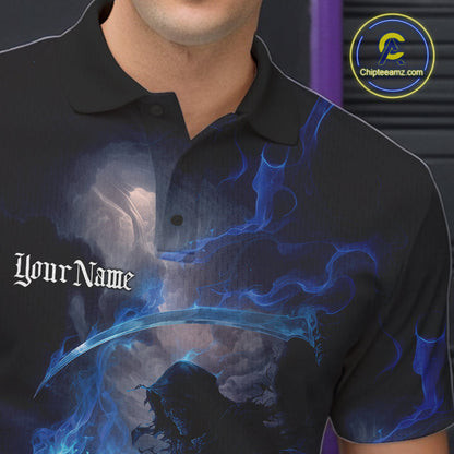 Custom Electric Blue Fire Grim Reaper Bowling Polo Shirts For Men, Halloween Bowling Shirt IPHW9464
