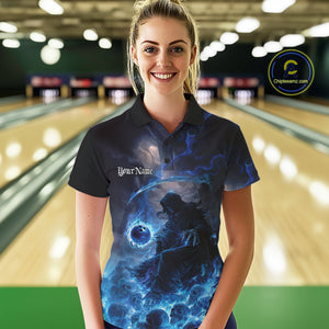 Custom Electric Blue Fire Grim Reaper Bowling Women Polo Shirts, Halloween Bowling Shirt IPHW9464