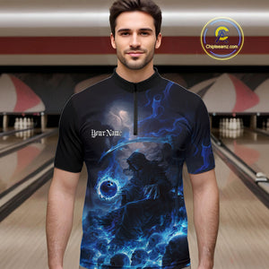 Custom Electric Blue Fire Grim Reaper Bowling Quarter-Zip Shirts For Men, Halloween Bowling Shirt IPHW9464