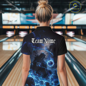 Custom Electric Blue Fire Grim Reaper Bowling Women Quarter-Zip Shirt, Halloween Bowling IPHW9464