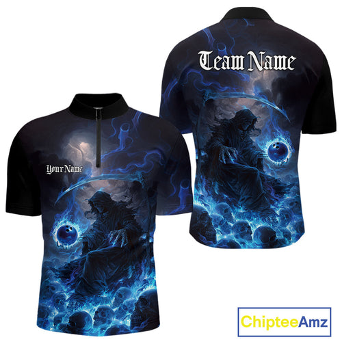 Custom Electric Blue Fire Grim Reaper Bowling Quarter-Zip Shirts For Men, Halloween Bowling Shirt IPHW9464