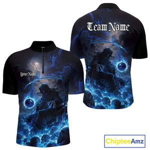Custom Electric Blue Fire Grim Reaper Bowling Quarter-Zip Shirts For Men, Halloween Bowling Shirt IPHW9464