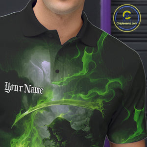 Custom Electric Green Fire Grim Reaper Bowling Polo Shirts For Men, Halloween Bowling Shirt IPHW9465
