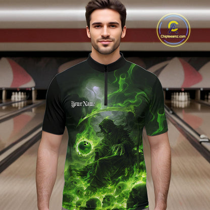 Custom Electric Green Fire Grim Reaper Bowling Men Quarter-Zip Shirts, Halloween Bowling Shirt IPHW9465