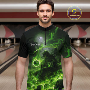 Custom Electric Green Fire Grim Reaper Bowling Men Quarter-Zip Shirts, Halloween Bowling Shirt IPHW9465