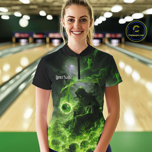 Custom Electric Green Fire Grim Reaper Bowling Women Quarter-Zip Shirt, Halloween Bowling IPHW9465