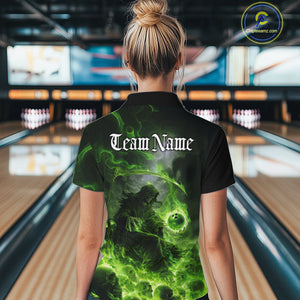 Custom Electric Green Fire Grim Reaper Bowling Women Quarter-Zip Shirt, Halloween Bowling IPHW9465