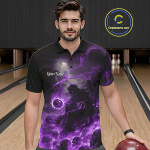 Custom Purple Fire Grim Reaper Bowling Polo Shirts For Men, Halloween Bowling Shirt IPHW9466