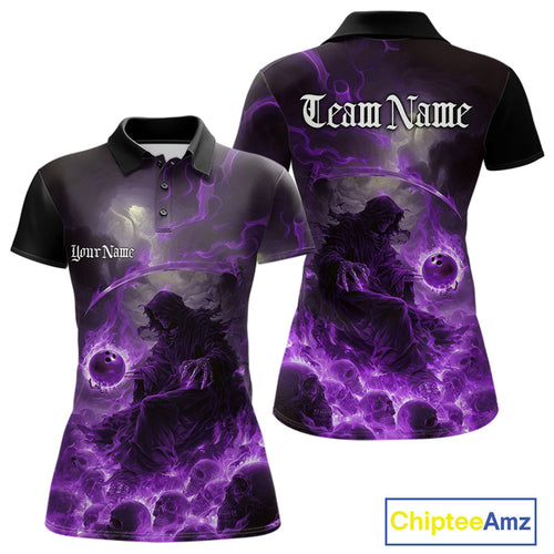 Custom Purple Fire Grim Reaper Bowling Polo Shirts For Women, Halloween Bowling Shirt IPHW9466