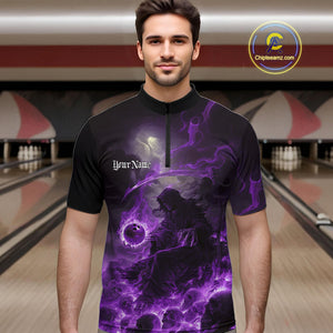 Custom Purple Fire Grim Reaper Bowling Quarter-Zip Shirts For Men, Halloween Bowling Shirt IPHW9466