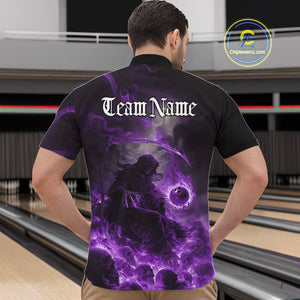 Custom Purple Fire Grim Reaper Bowling Quarter-Zip Shirts For Men, Halloween Bowling Shirt IPHW9466