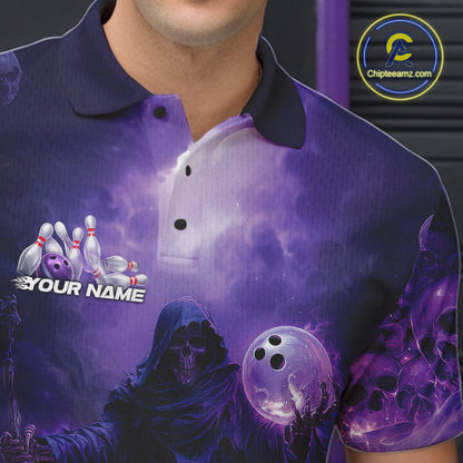Custom Blue And Purple Flame Bowling Skull Polo Shirts For Men, Halloween Bowling Outfits IPHW9467