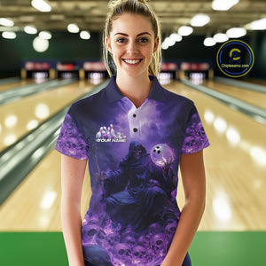 Custom Blue And Purple Flame Bowling Skull Women Polo Shirts, Halloween Bowling Outfits IPHW9467