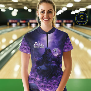 Custom Blue And Purple Flame Bowling Skull Women Quarter-Zip Shirt, Halloween Bowling IPHW9467