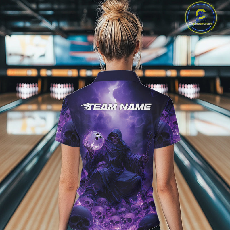 Custom Blue And Purple Flame Bowling Skull Women Quarter-Zip Shirt, Halloween Bowling IPHW9467
