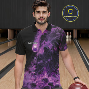 Custom Purple Flame Skull Bowling Polo Shirts, Purple Smoke Bowling Hallween Outfit IPHW9470