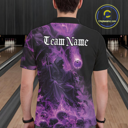Custom Purple Flame Skull Bowling Polo Shirts, Purple Smoke Bowling Hallween Outfit IPHW9470
