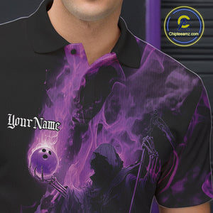 Custom Purple Flame Skull Bowling Polo Shirts, Purple Smoke Bowling Hallween Outfit IPHW9470
