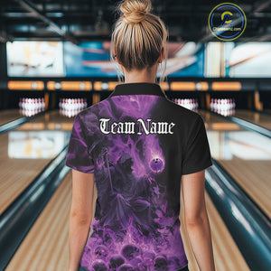 Custom Purple Flame Skull Bowling Polo Shirts, Purple Smoke Bowling Hallween Outfit IPHW9470