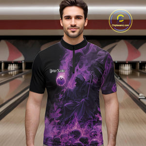 Custom Purple Flame Skull Bowling Quarter-Zip Shirts, Purple Smoke Bowling Hallween Outfit IPHW9470