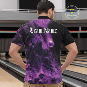 Custom Purple Flame Skull Bowling Quarter-Zip Shirts, Purple Smoke Bowling Hallween Outfit IPHW9470