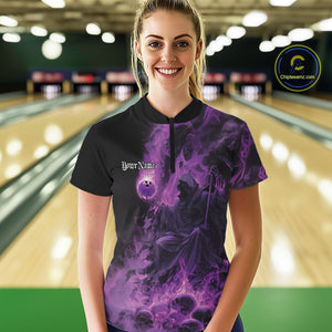 Custom Purple Flame Skull Bowling Quarter-Zip Shirt, Purple Smoke Bowling Hallween Outfit IPHW9470
