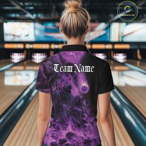 Custom Purple Flame Skull Bowling Quarter-Zip Shirt, Purple Smoke Bowling Hallween Outfit IPHW9470