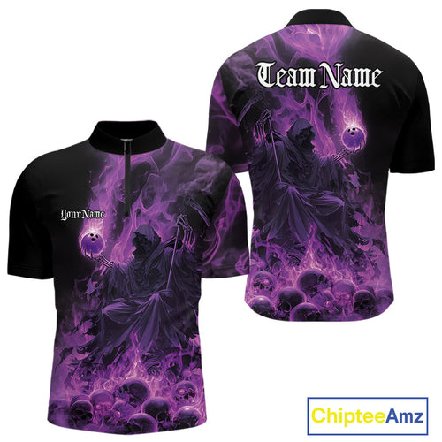 Custom Purple Flame Skull Bowling Quarter-Zip Shirts, Purple Smoke Bowling Hallween Outfit IPHW9470