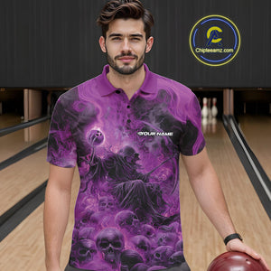 Custom Purple Flame Skull Bowling Polo Shirts, Purple Smoke Bowling Hallween Outfit IPHW9471