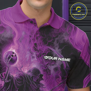Custom Purple Flame Skull Bowling Polo Shirts, Purple Smoke Bowling Hallween Outfit IPHW9471