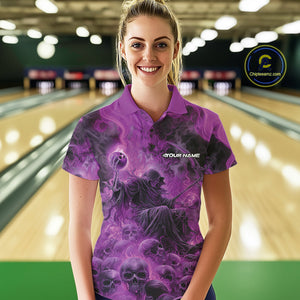 Custom Purple Flame Skull Bowling Polo Shirts, Purple Smoke Bowling Hallween Outfit IPHW9471