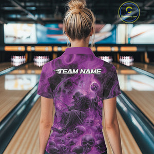 Custom Purple Flame Skull Bowling Polo Shirts, Purple Smoke Bowling Hallween Outfit IPHW9471