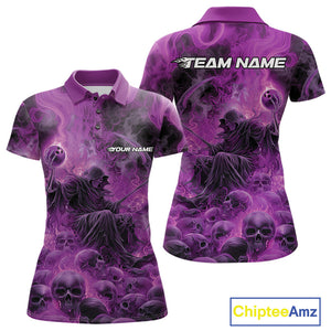 Custom Purple Flame Skull Bowling Polo Shirts, Purple Smoke Bowling Hallween Outfit IPHW9471